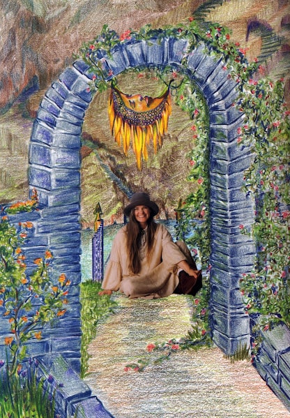 debi Story Maddox with Balance in a blue-brick archway with ivy and flowering plants, from Wordivore World