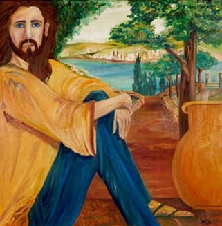 Jesus in Jeans — Spiritual Series, oil painting by Dr. debi Story Maddox, 48 x 48 inches, Private Collection